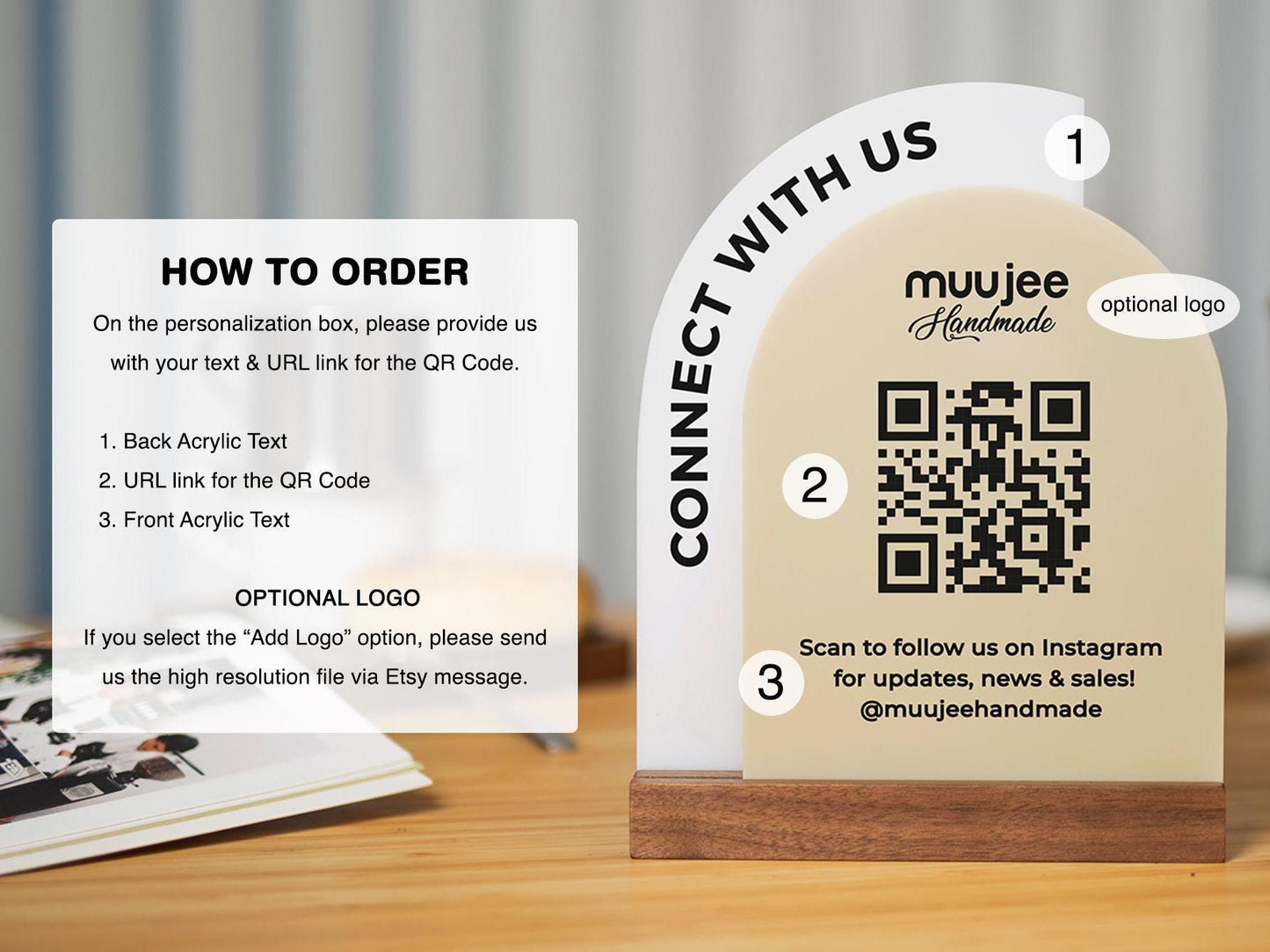 Full Arch Double Acrylic Sign w/ Walnut Base (QR Code D2) - Scannable Scan to Pay Signage, Business Website Social Media Venmo Craft Shows
