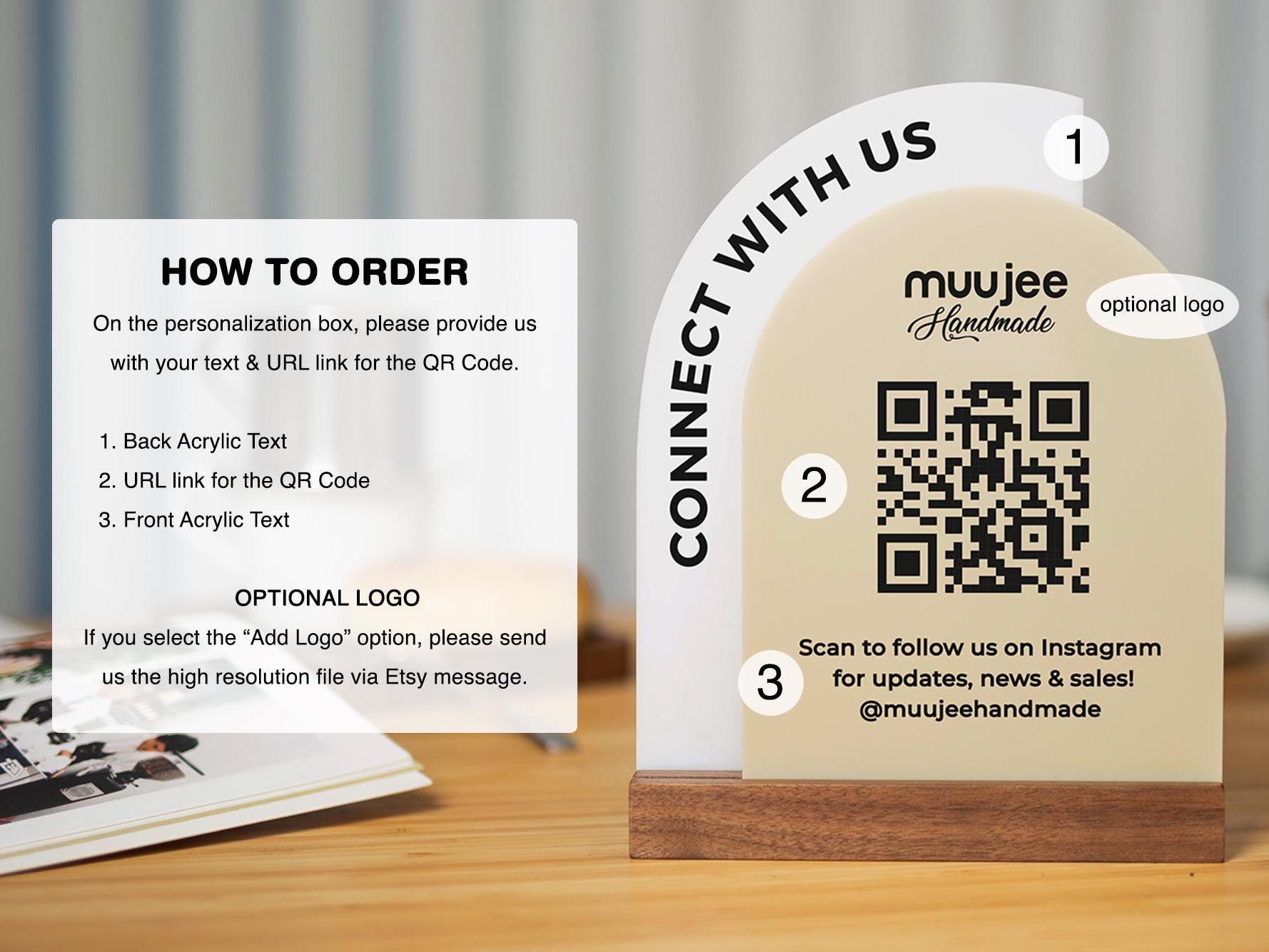 Full Arch Double Acrylic Sign w/ Walnut Base (QR Code D2) - Scannable Scan to Pay Signage, Business Website Social Media Venmo Craft Shows