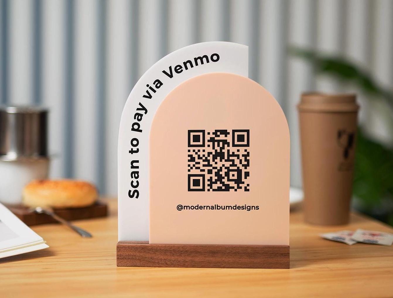 Full Arch Double Acrylic Sign w/ Walnut Base (QR Code D2) - Scannable Scan to Pay Signage, Business Website Social Media Venmo Craft Shows
