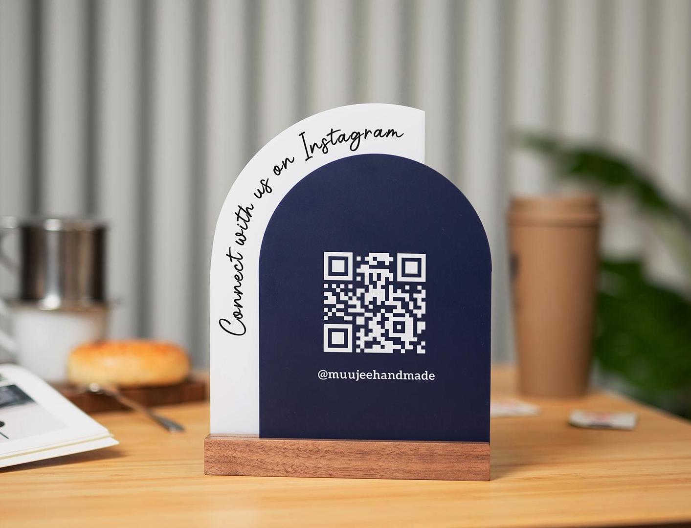 Full Arch Double Acrylic Sign w/ Walnut Base (QR Code D3) - Scannable Scan to Pay Signage, Business Website Social Media Venmo Craft Shows