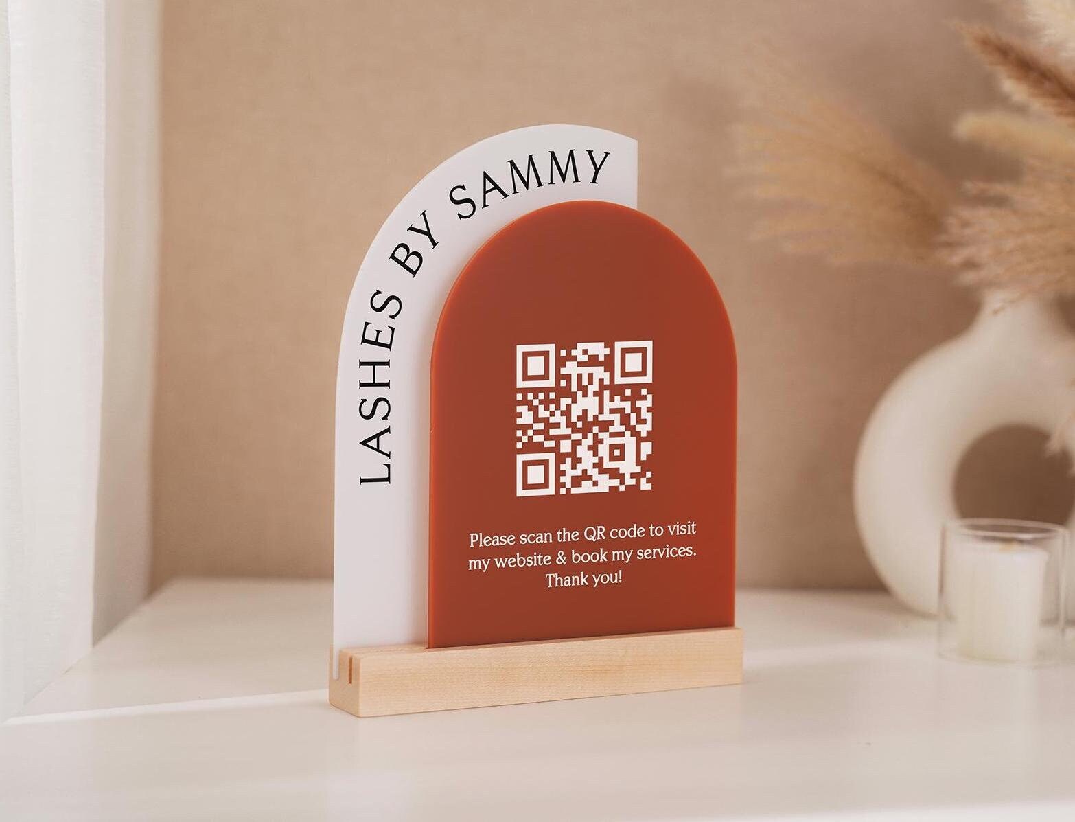 Full Arch Double Acrylic Sign w/ Maple Base (QR Code D1) - Scannable Scan to Pay Signage, Business Website Social Media Venmo Craft Shows