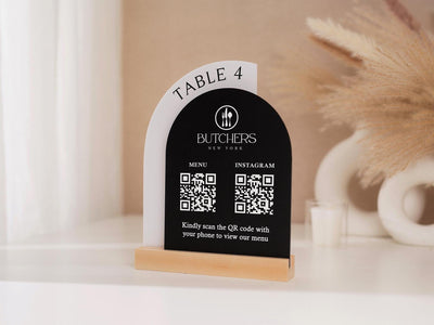 Full Arch Double Acrylic Sign (2 QR Codes w/ Logo) - Scannable Scan to Pay Table Market Signs Business Website Social Media Venmo (Design1)
