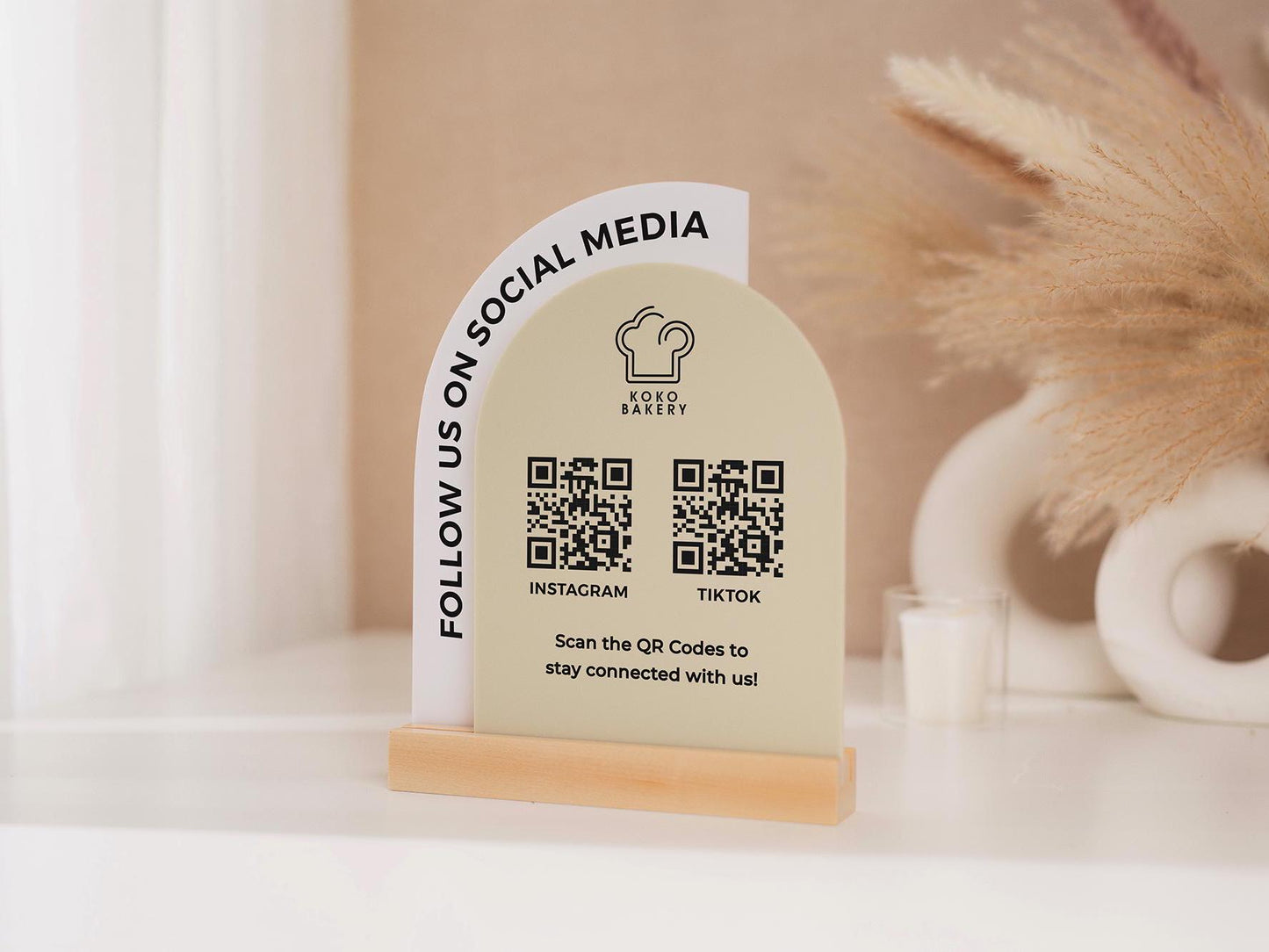 Full Arch Double Acrylic Sign (2 QR Codes w/ Logo) - Scannable Scan to Pay Table Market Signs Business Website Social Media Venmo (Design2)