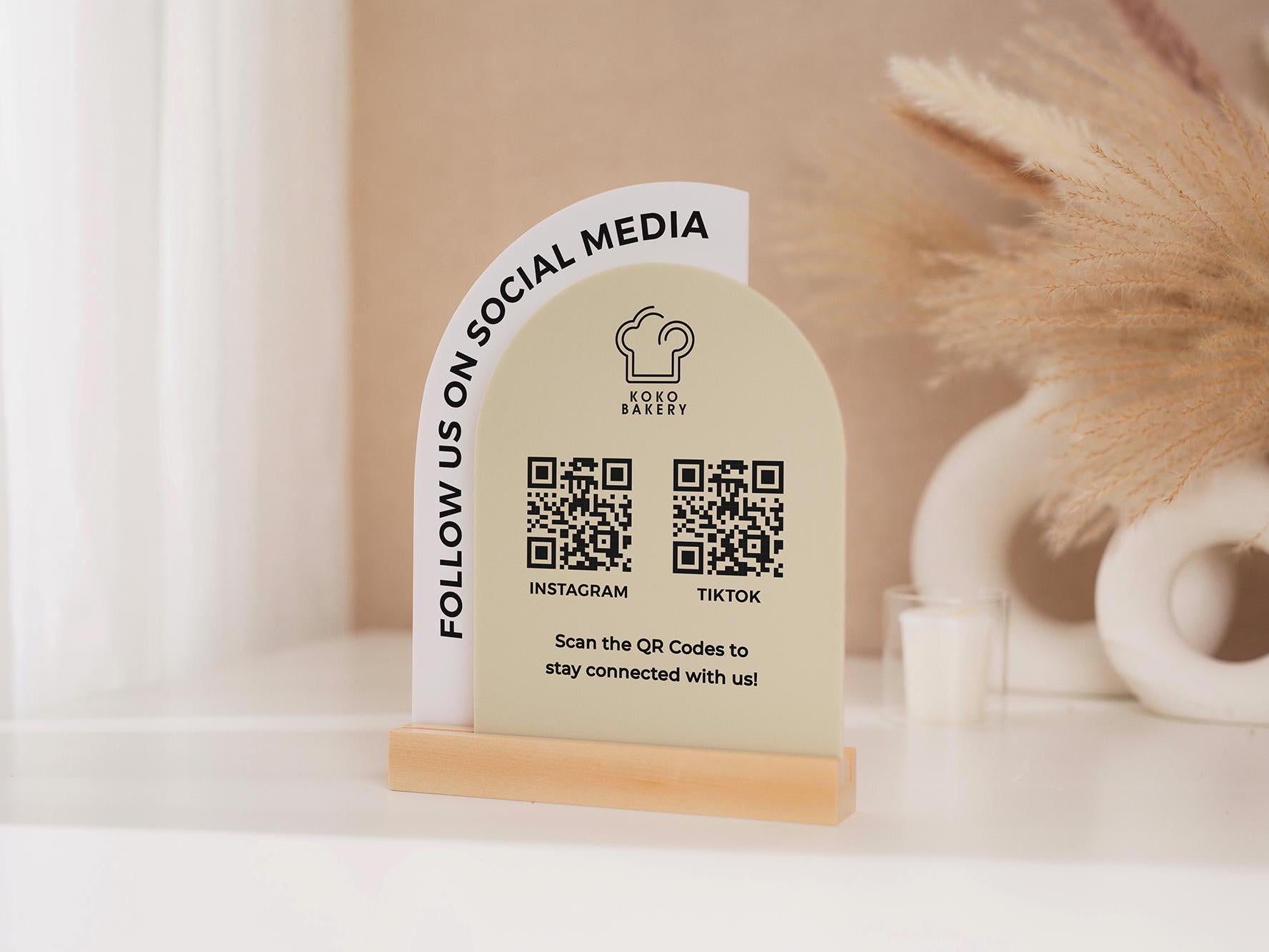 Full Arch Double Acrylic Sign (2 QR Codes w/ Logo) - Scannable Scan to Pay Table Market Signs Business Website Social Media Venmo (Design2)