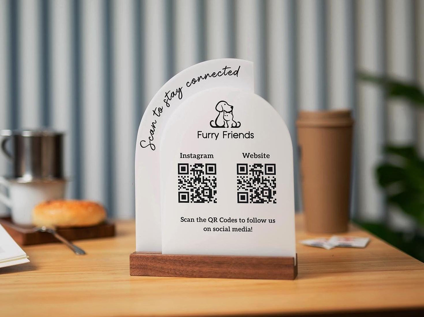 Full Arch Double Acrylic Sign (2 QR Codes w/ Logo) - Scannable Scan to Pay Table Market Signs Business Website Social Media Venmo (Design3)