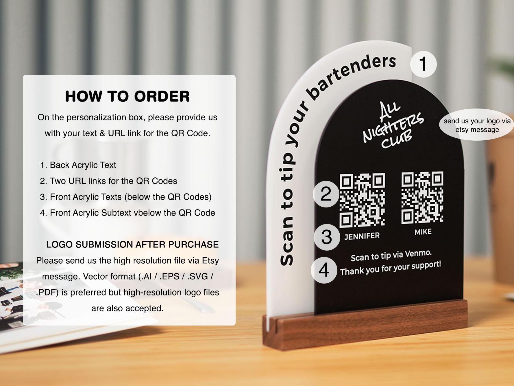 Full Arch Double Acrylic Sign (2 QR Codes w/ Logo) - Scannable Scan to Pay Table Market Signs Business Website Social Media Venmo (Design2)