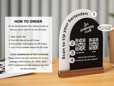 Full Arch Double Acrylic Sign (2 QR Codes w/ Logo) - Scannable Scan to Pay Table Market Signs Business Website Social Media Venmo (Design2)