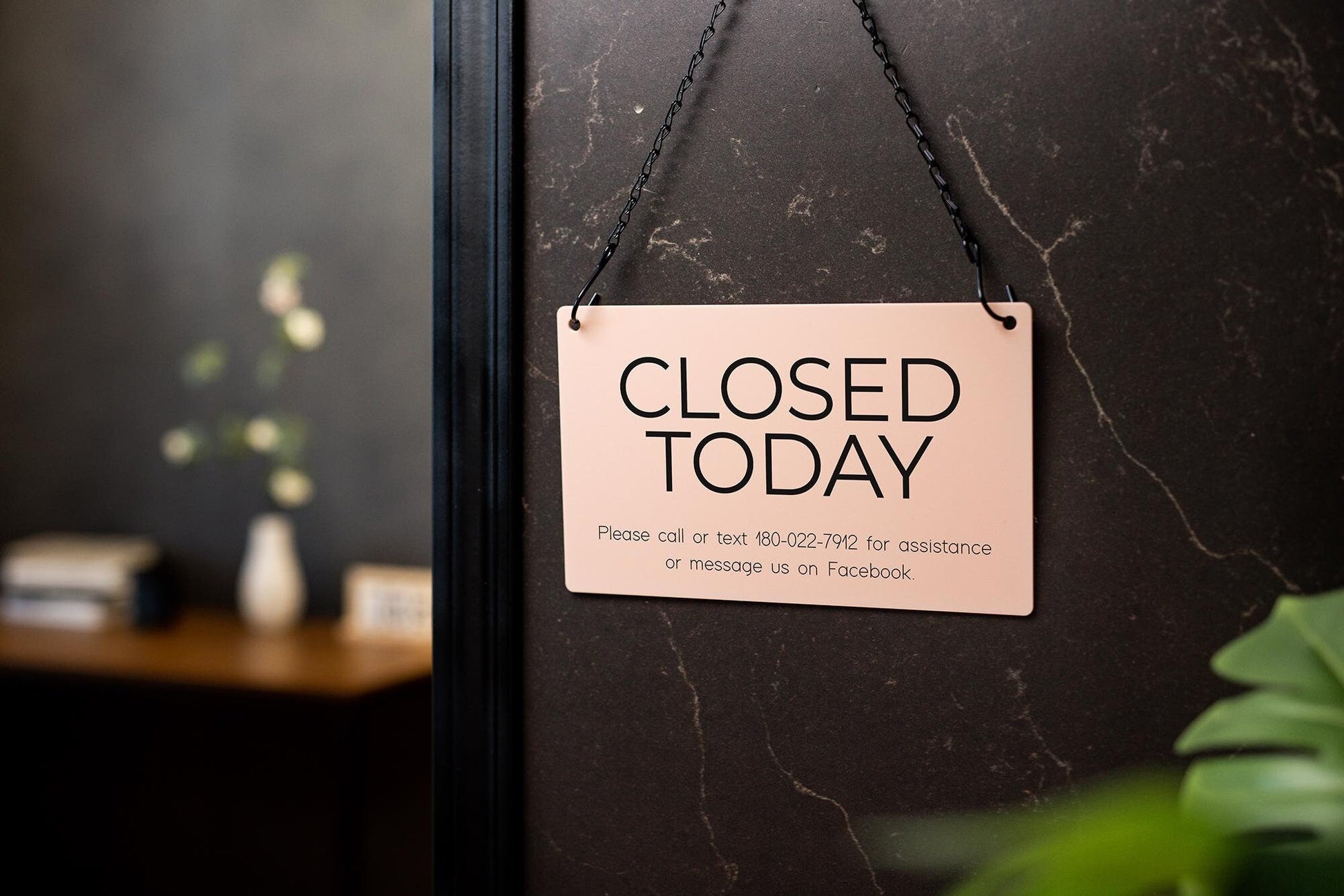 Hanging Acrylic Sign & Black Metal Chain (D9) - 11.5x7" Custom Window Office Business Door Wall Signage, Open Closed Store Shop Customizable