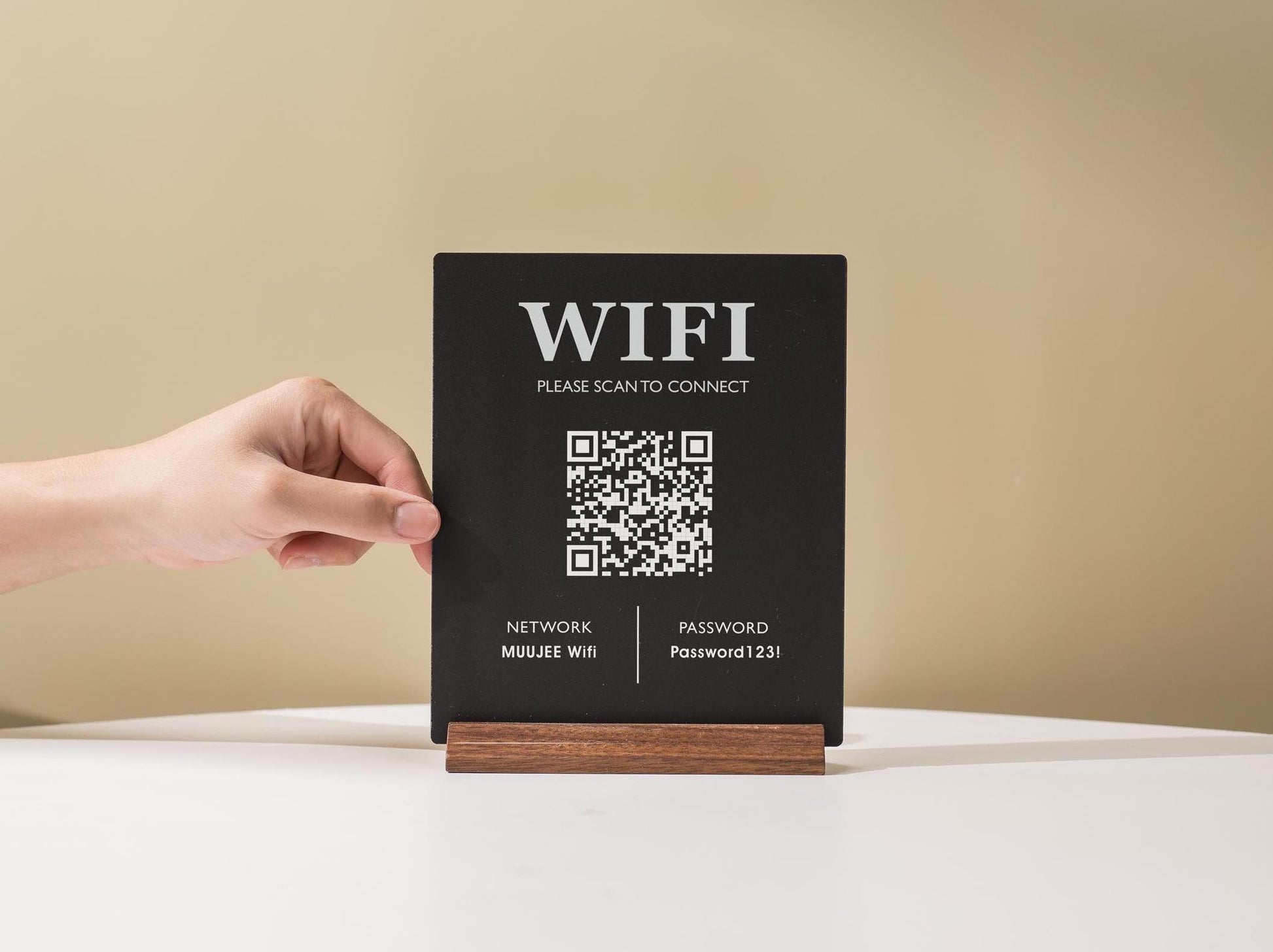 QR Code Wifi Acrylic Sign w/ Wood Base - 6x7.75" Table Sign for Home & Airbnb Rental, Sign for Small Business Office Signage, Salon Spa Wifi