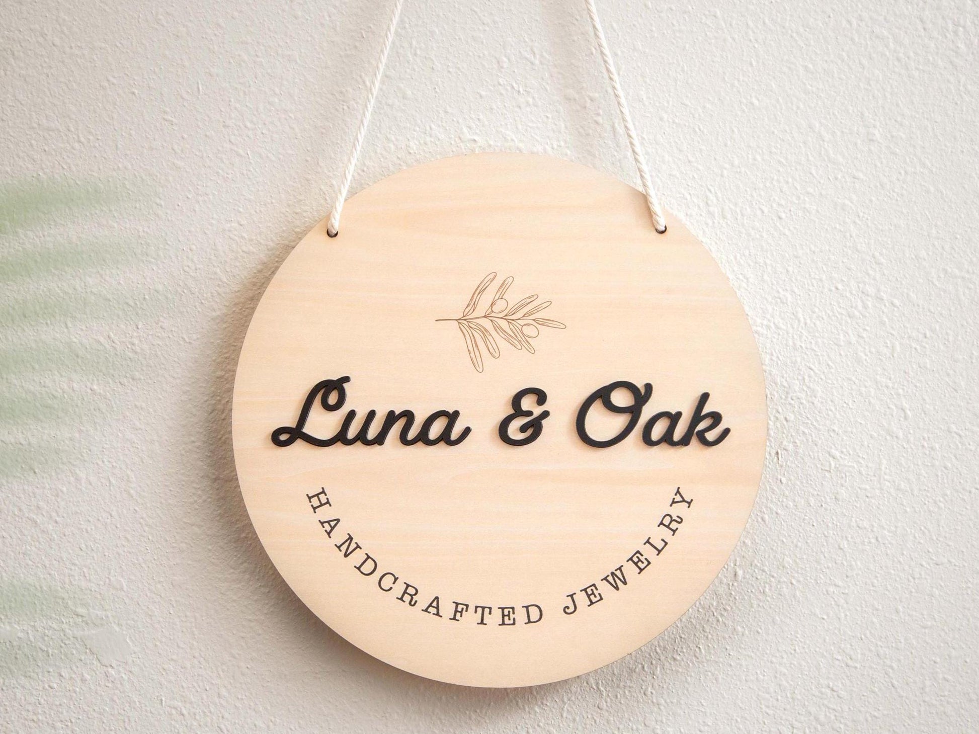 Round Hanging Wooden Sign w/ White Rope - Custom Business Signage, Minimalist Circle Wall Decor, Personalized Booth or Store Display