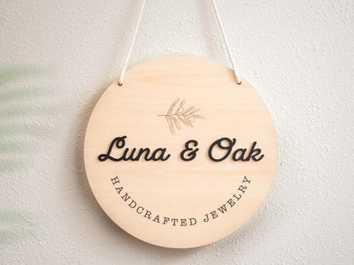 Round Hanging Wooden Sign w/ White Rope - Custom Business Signage, Minimalist Circle Wall Decor, Personalized Booth or Store Display