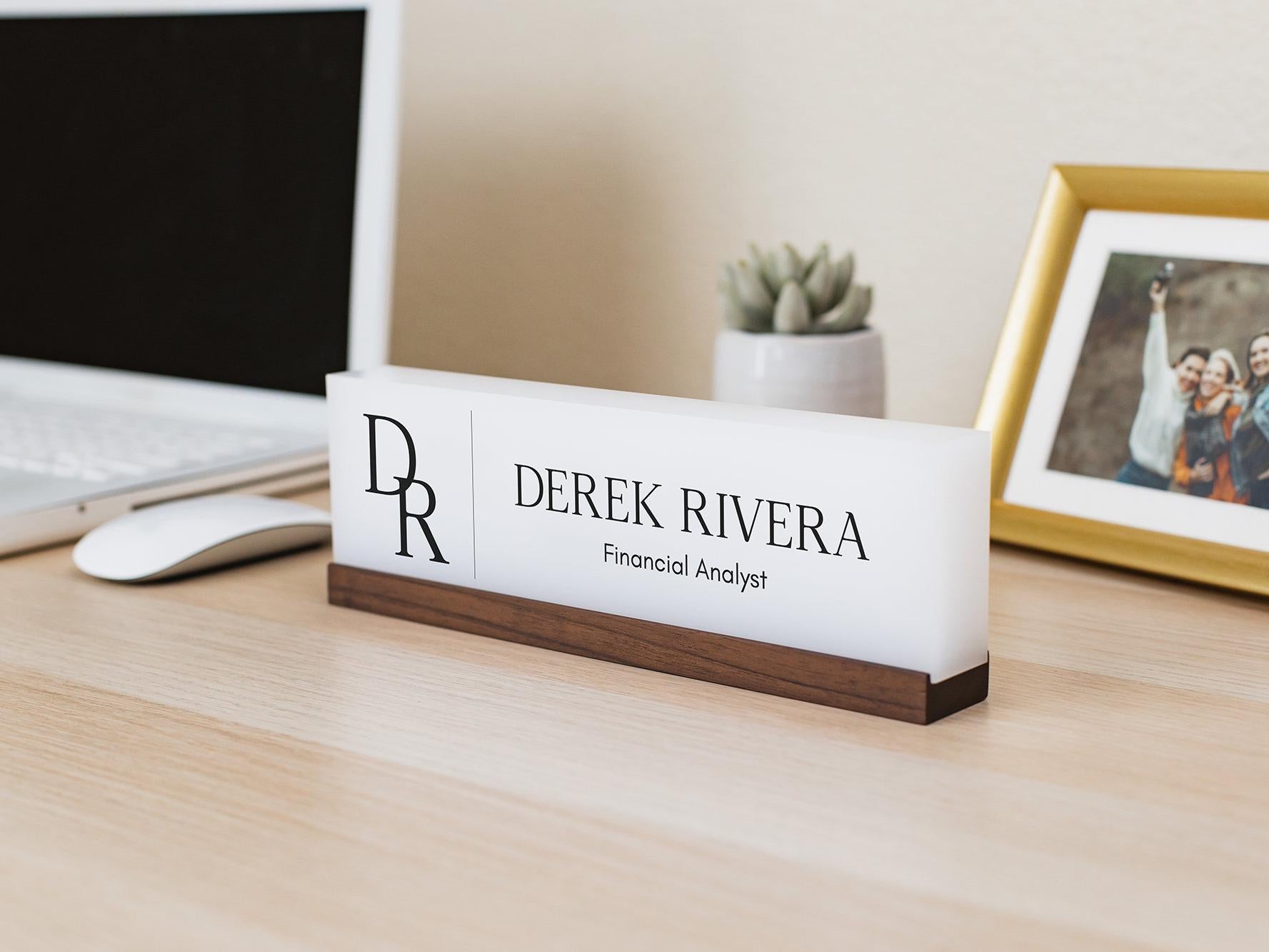 Personalized Acrylic Name Block (D8) - w/ Optional Wooden Base, Initials Monogram Executive Desk CEO Sign, Job Office Decor Promotion Gift