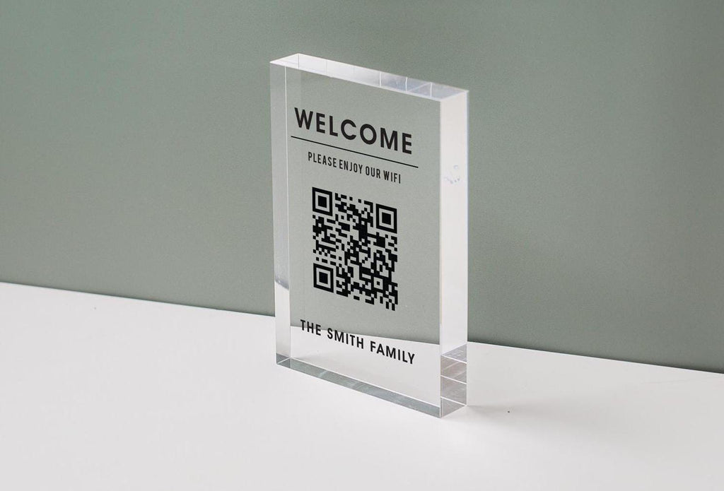 Personalized Acrylic QR Code Wifi Sign (Design 4) - Custom Welcome Internet Sign for Airbnb Vacation Rental Guestroom Visitor Small Business