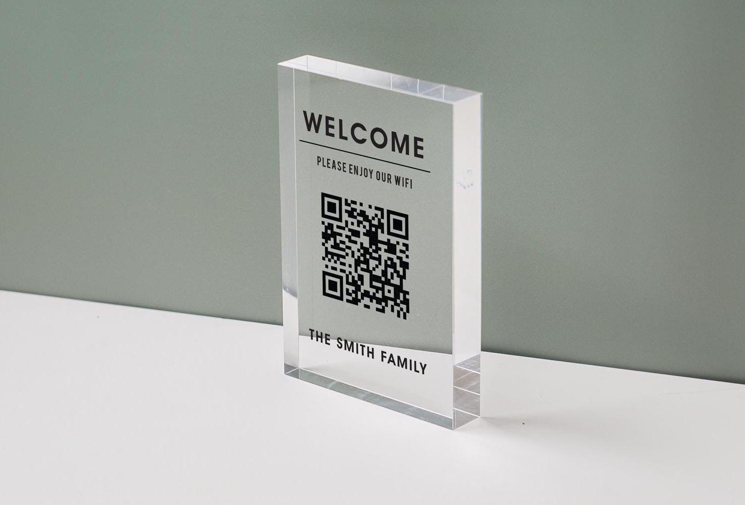 Personalized Acrylic QR Code Wifi Sign (Design 4) - Custom Welcome Internet Sign for Airbnb Vacation Rental Guestroom Visitor Small Business