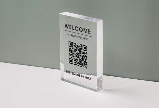 Personalized Acrylic QR Code Wifi Sign (Design 4) - Custom Welcome Internet Sign for Airbnb Vacation Rental Guestroom Visitor Small Business