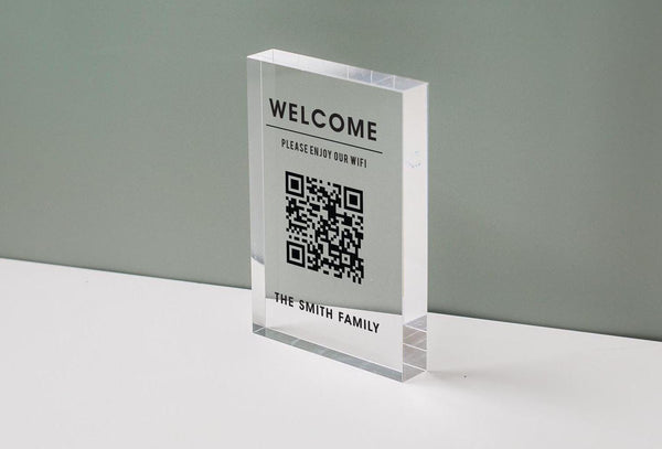 Personalized Acrylic QR Code Wifi Sign (Design 4) - Custom Welcome Internet Sign for Airbnb Vacation Rental Guestroom Visitor Small Business