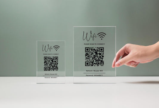 Personalized Acrylic QR Code Wifi Sign (Design 1) - Custom Network Password Table Top Signage Hotel Small Business Resaturants Bars Cafe