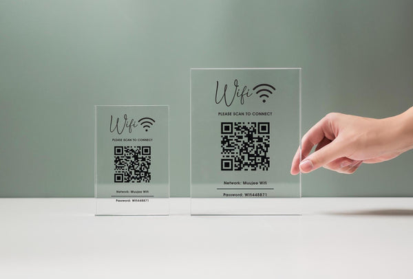 Personalized Acrylic QR Code Wifi Sign (Design 1) - Custom Network Password Table Top Signage Hotel Small Business Resaturants Bars Cafe