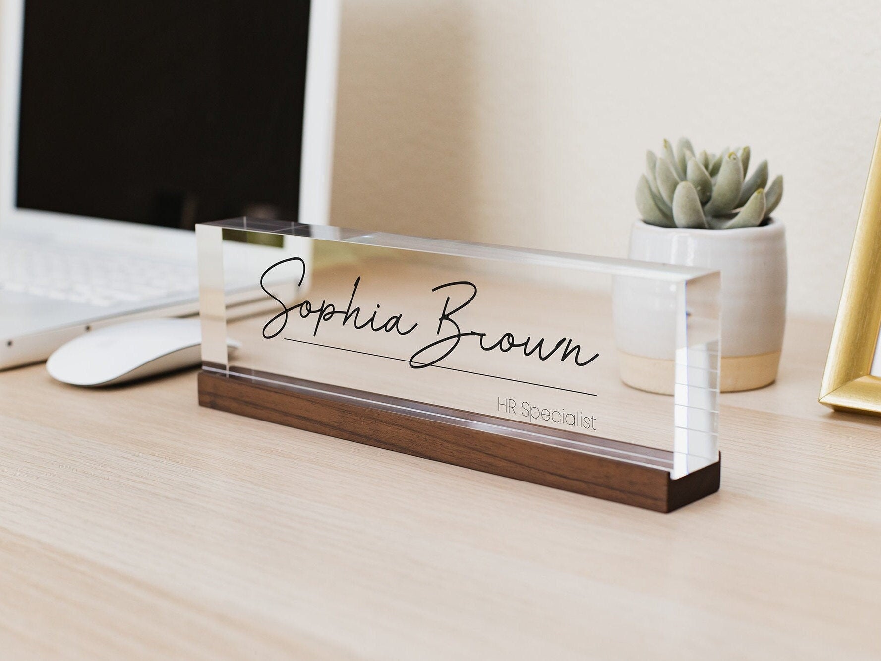 Personalized Acrylic Name Block (D6) - w/ Optional Wooden Base, Executive Desk CEO Sign, Job Office Decor Principal Promotion Gift