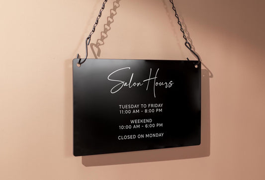 Store Hours Acrylic Sign & Black Hanging Chain- 11.5x7" Custom Signs for Office Door Small Business Hours, Spa Salon Bar Tea Coffee Shop
