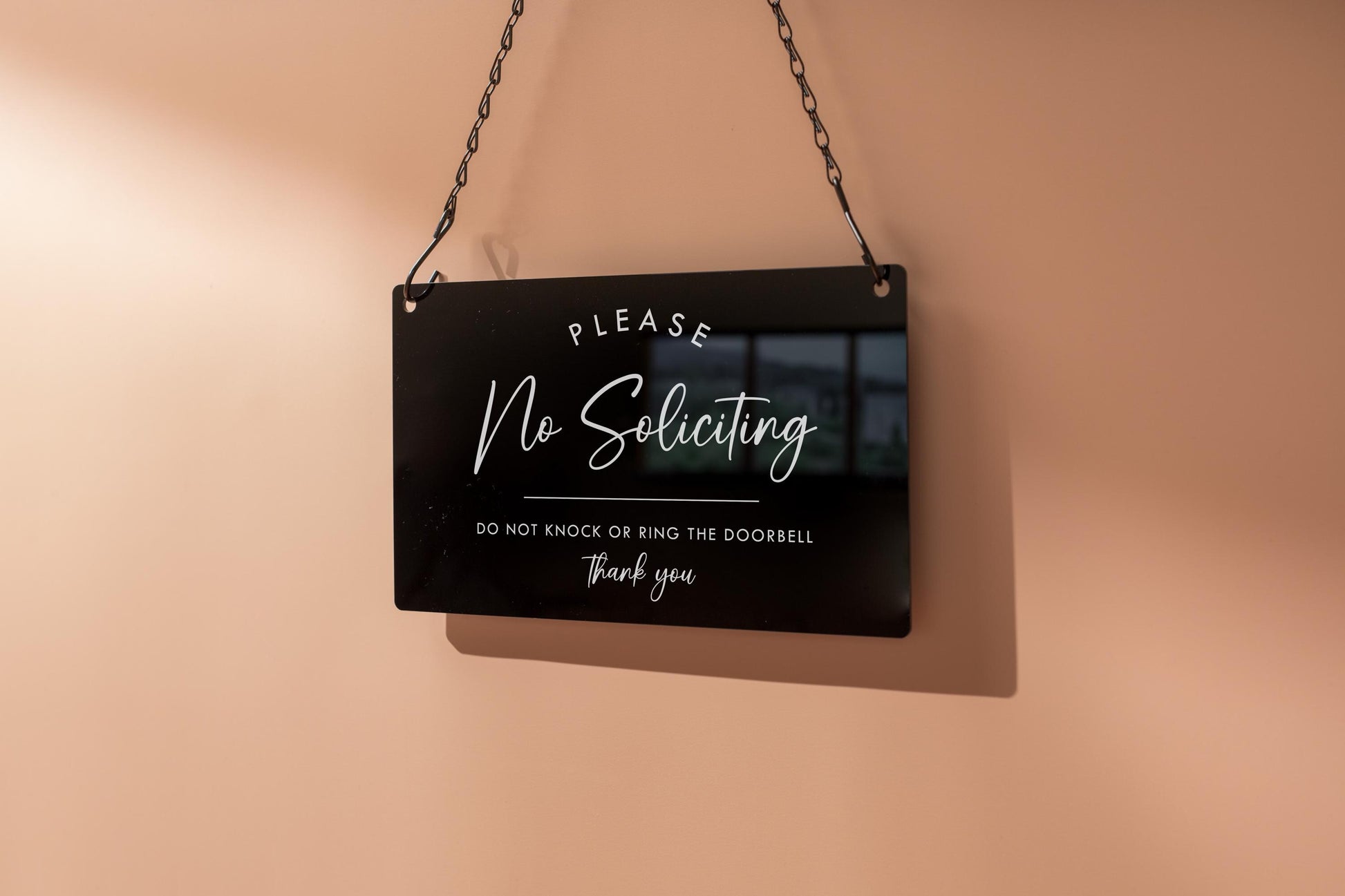 No Soliciting Hanging Acrylic Sign & Black Metal Chain - 11.5x7" Custom Window Sign, Office Home Door Signage Small Business Owner Gift
