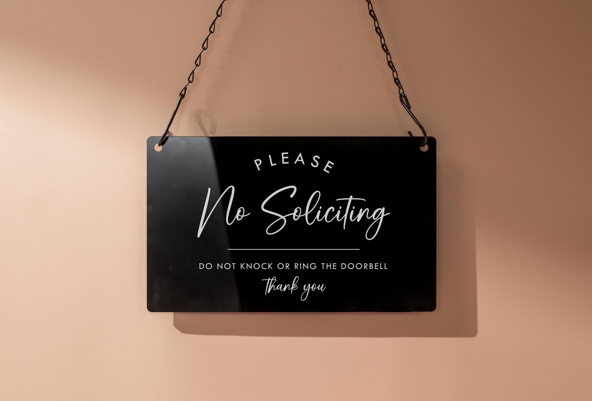 No Soliciting Hanging Acrylic Sign & Black Metal Chain - 11.5x7" Custom Window Sign, Office Home Door Signage Small Business Owner Gift