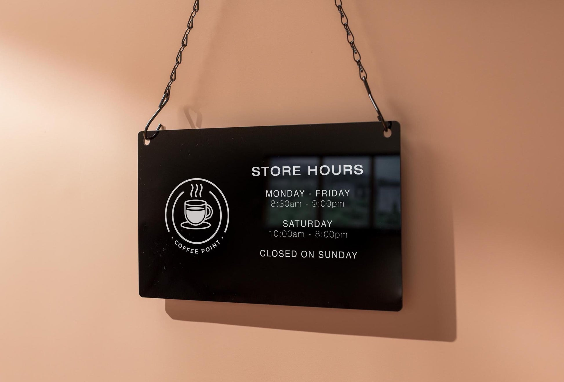 Store Hours w/ Logo Acrylic Sign & Black Hanging Chain - 11.5x7" Custom Sign for Medical Office Boutique Store Window Door Business Hours