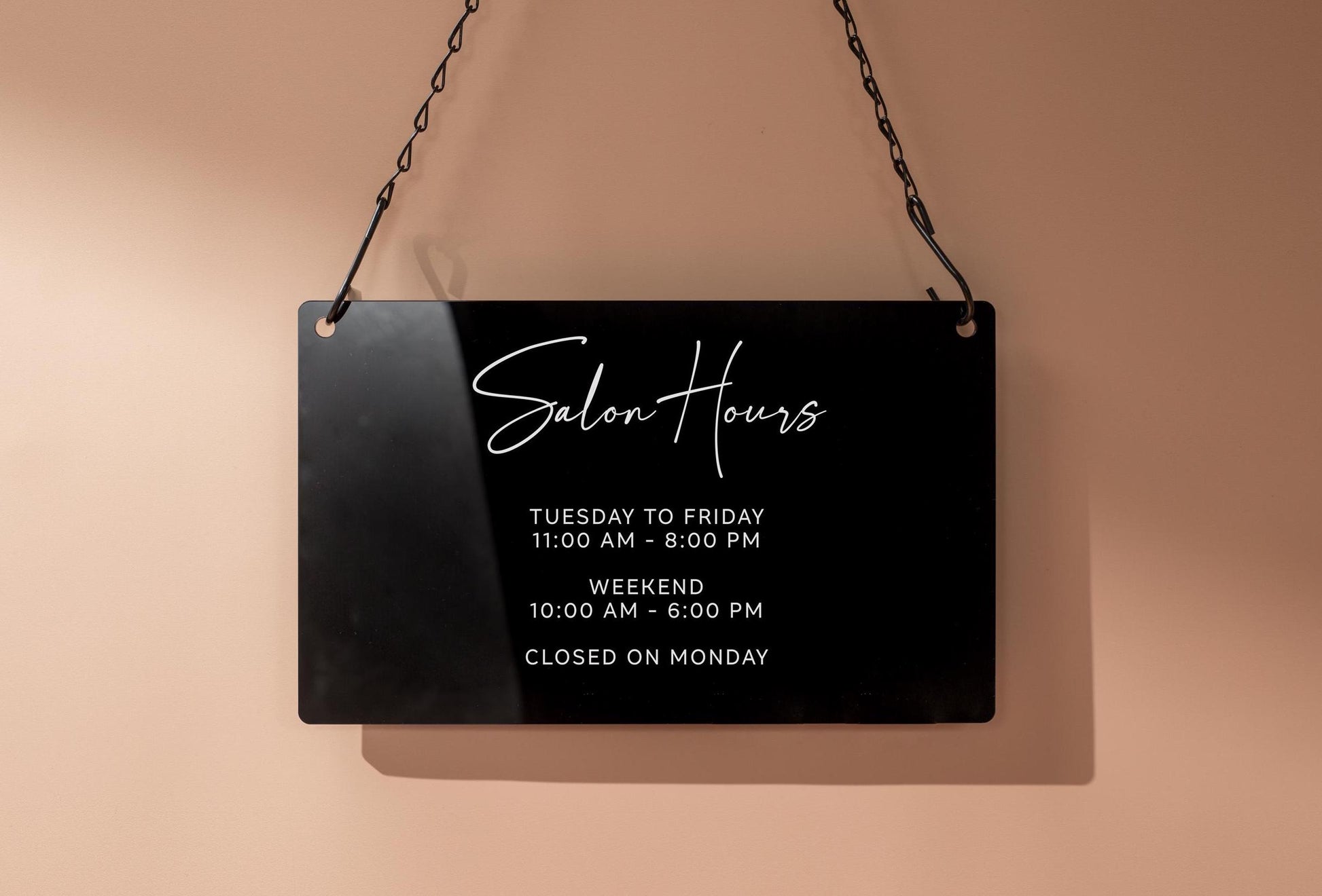 Store Hours Acrylic Sign & Black Hanging Chain- 11.5x7" Custom Signs for Office Door Small Business Hours, Spa Salon Bar Tea Coffee Shop