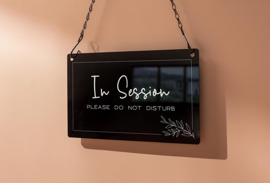 Hanging Acrylic Sign & Black Metal Chain (D7) - 11.5x7" Custom Window Office Home Business Door Wall Signage, Therapy In Session Personalize