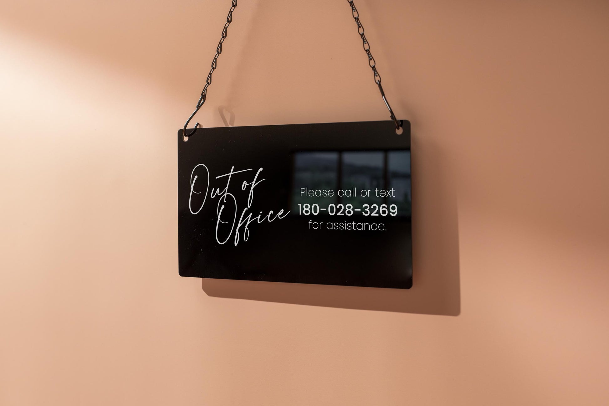 Hanging Acrylic Sign & Black Metal Chain (D8) - 11.5x7" Custom Window Office Home Business Door Wall Signage, On Break Open Closed Display