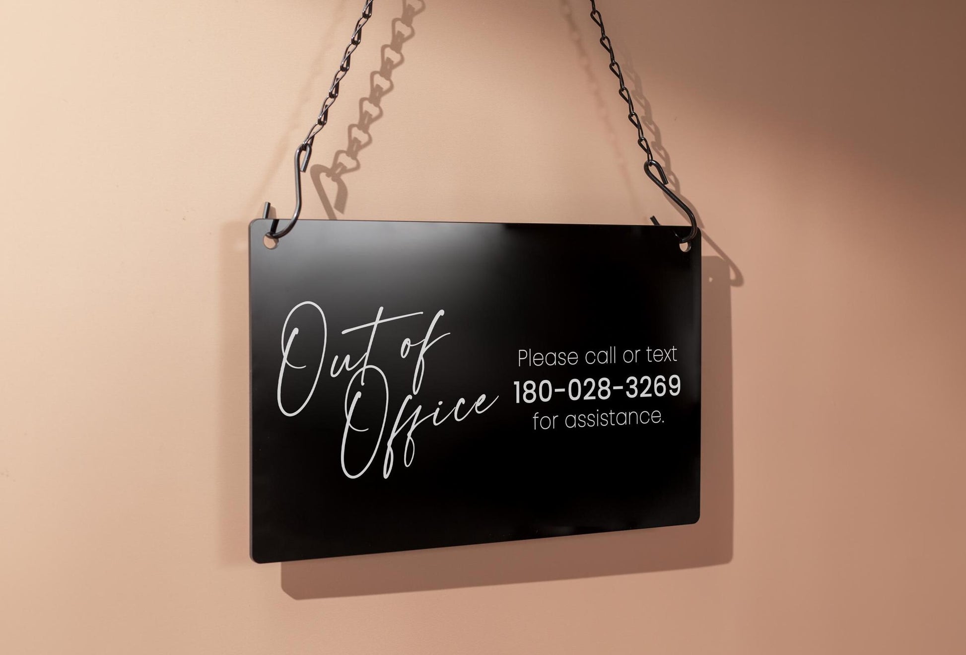 Hanging Acrylic Sign & Black Metal Chain (D8) - 11.5x7" Custom Window Office Home Business Door Wall Signage, On Break Open Closed Display