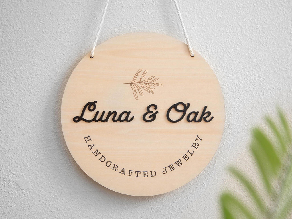 Round Hanging Wooden Sign w/ White Rope - Custom Business Signage, Minimalist Circle Wall Decor, Personalized Booth or Store Display