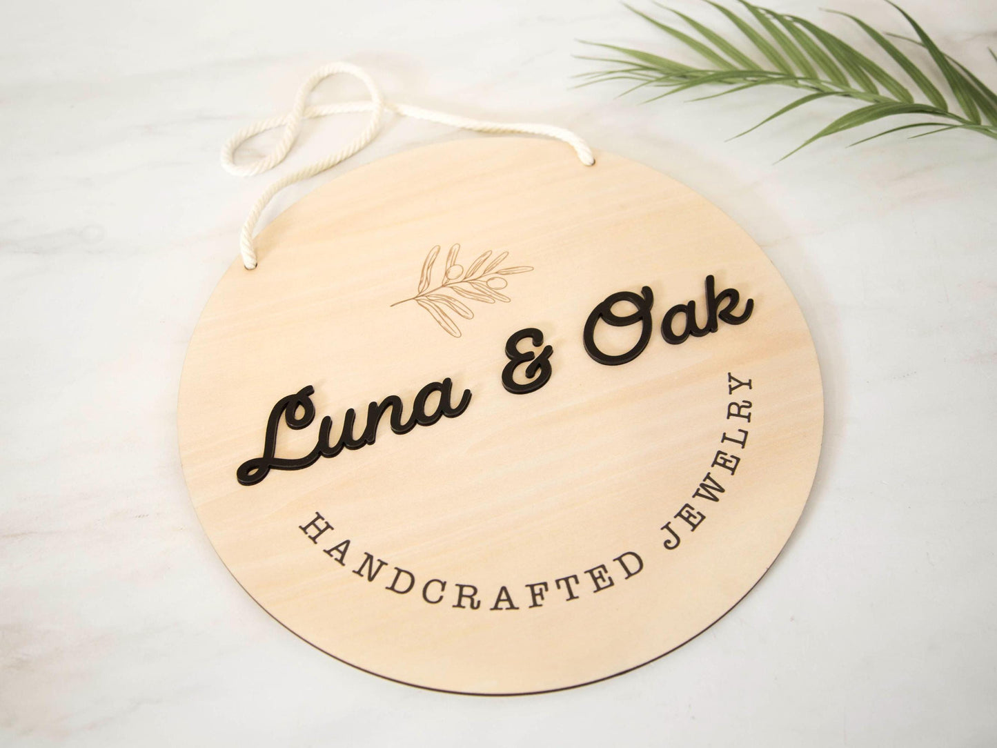 Round Hanging Wooden Sign w/ White Rope - Custom Business Signage, Minimalist Circle Wall Decor, Personalized Booth or Store Display