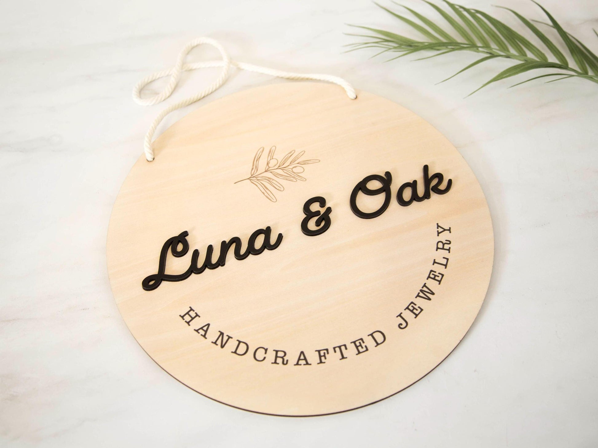 Round Hanging Wooden Sign w/ White Rope - Custom Business Signage, Minimalist Circle Wall Decor, Personalized Booth or Store Display