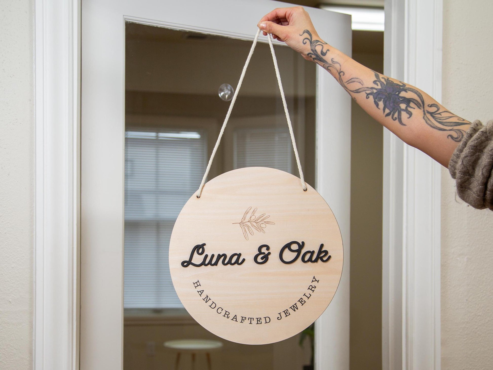 Round Hanging Wooden Sign w/ White Rope - Custom Business Signage, Minimalist Circle Wall Decor, Personalized Booth or Store Display