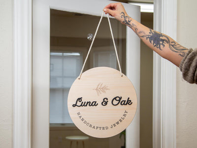 Round Hanging Wooden Sign w/ White Rope - Custom Business Signage, Minimalist Circle Wall Decor, Personalized Booth or Store Display