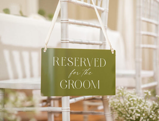 Reserved Hanging Acrylic Sign with Ribbon (D6) - 11.5x7" Reserved Seat Sign for the Groom, Modern Wedding Ceremony Reception Chair Sign