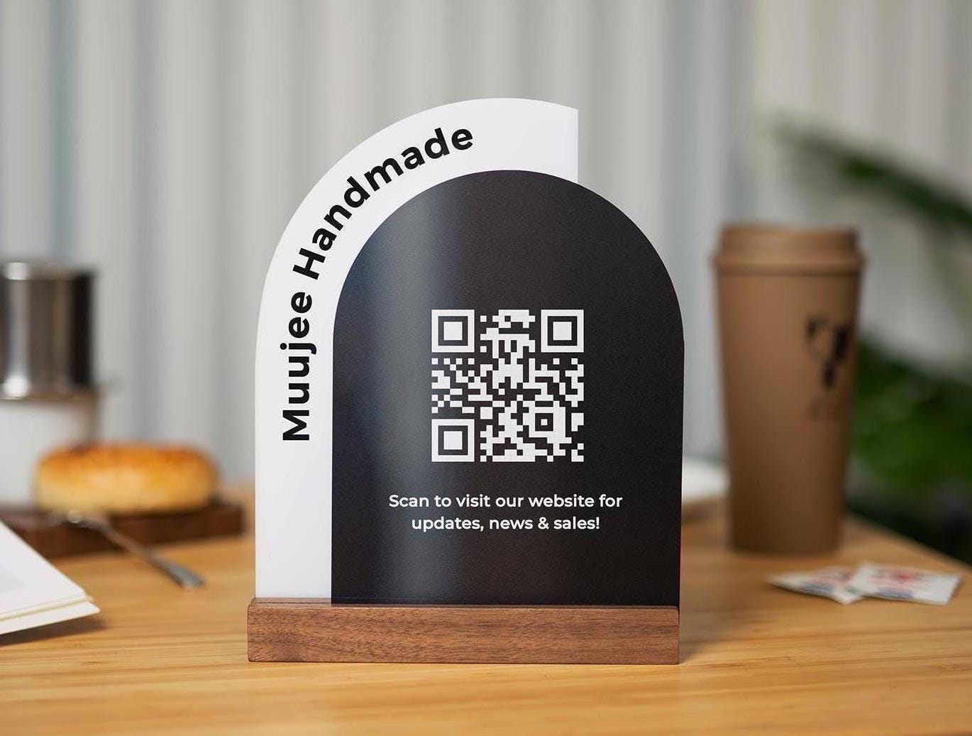 Full Arch Double Acrylic Sign w/ Walnut Base (QR Code D2) - Scannable Scan to Pay Signage, Business Website Social Media Venmo Craft Shows