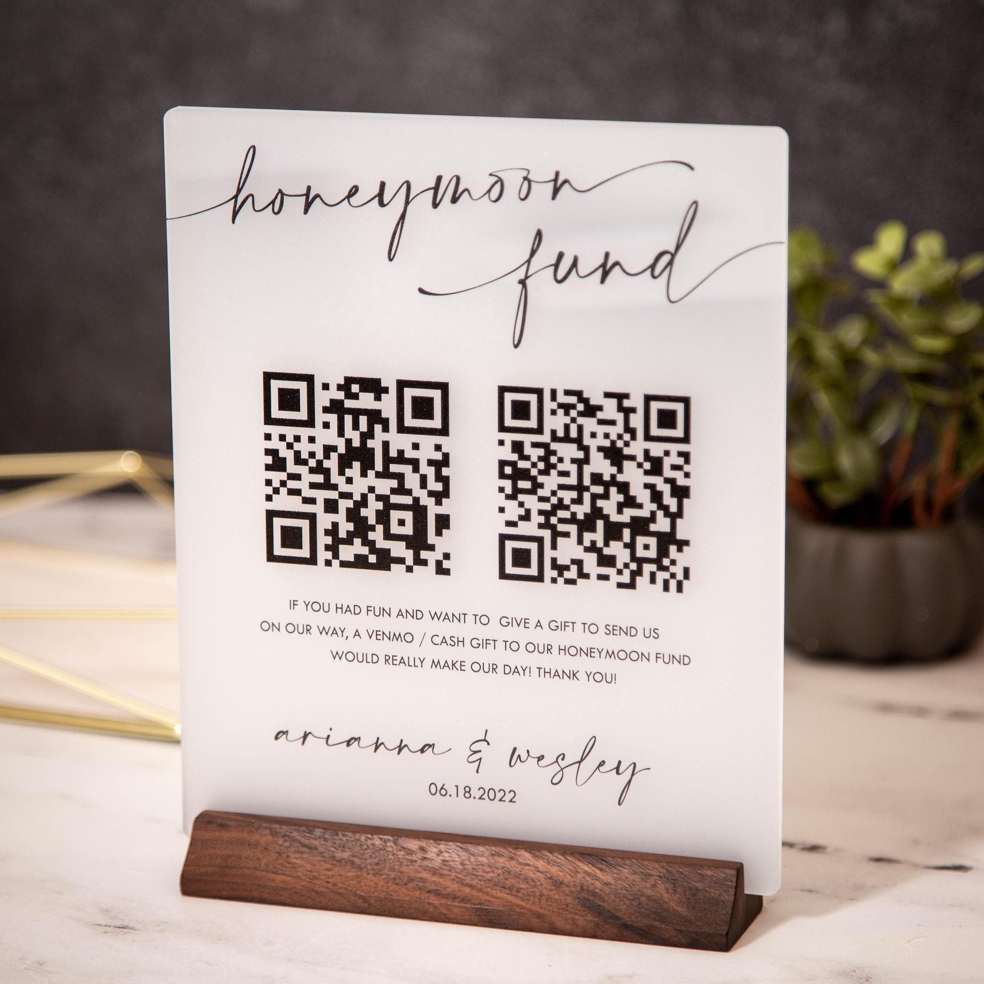 Honeymoon Fund QR Sign (Ice Acrylic) w/ Wood Stand - 6.5 x 7.75" Scannable QR Code Wedding Sign, Wedding Gift Table Decor, Venmo Link