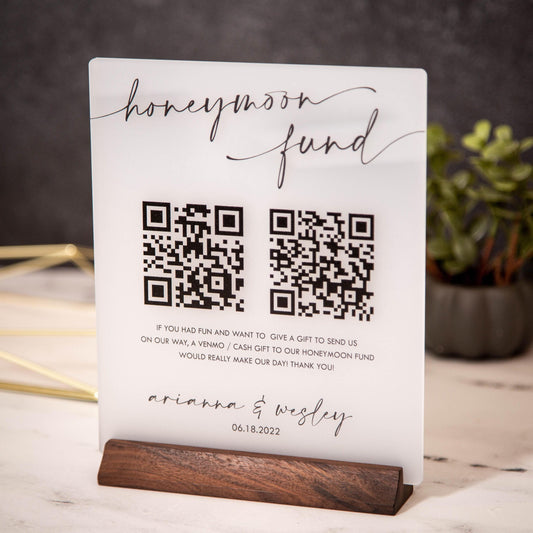 Honeymoon Fund QR Sign (Ice Acrylic) w/ Wood Stand - 6.5 x 7.75" Scannable QR Code Wedding Sign, Wedding Gift Table Decor, Venmo Link