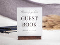 Ice Acrylic Guest Book Sign w/ Wood Stand - 6.5 x 7.75" Please Sign Our Guestbook Sign for Table Decor, Signage for Guest Book