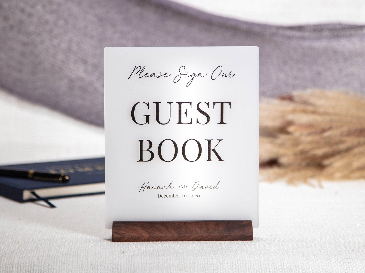 Ice Acrylic Guest Book Sign w/ Wood Stand - 6.5 x 7.75" Please Sign Our Guestbook Sign for Table Decor, Signage for Guest Book
