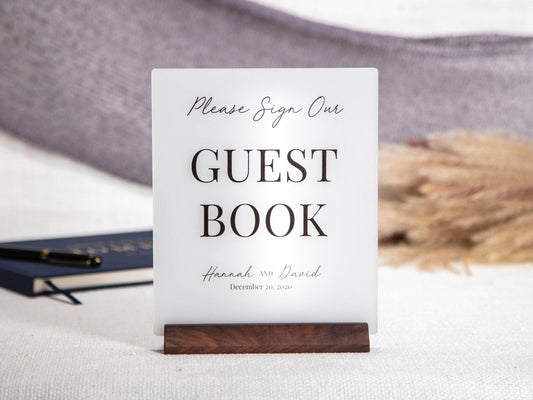 Ice Acrylic Guest Book Sign w/ Wood Stand - 6.5 x 7.75" Please Sign Our Guestbook Sign for Table Decor, Signage for Guest Book