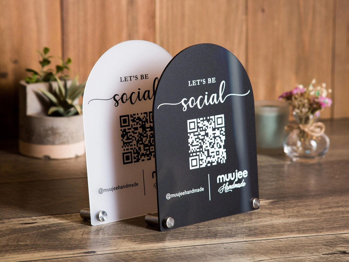 Arched QR Code Social Media Sign - 6x7.75" Scannable Table Desk Signage, Social Media for Small Business, Custom Salon Restaurant Bar Signs
