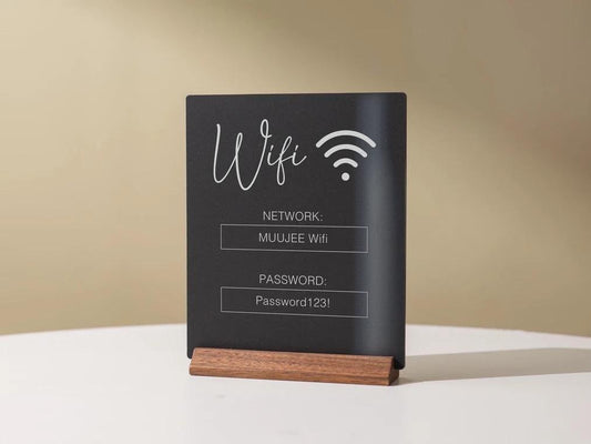 Wifi Acrylic Sign w/ Wood Base - 6.5 x 7.75" Ice or Black Table Sign for Home Airbnb Rental Small Business Salon Restaurant Bar Hotel Café