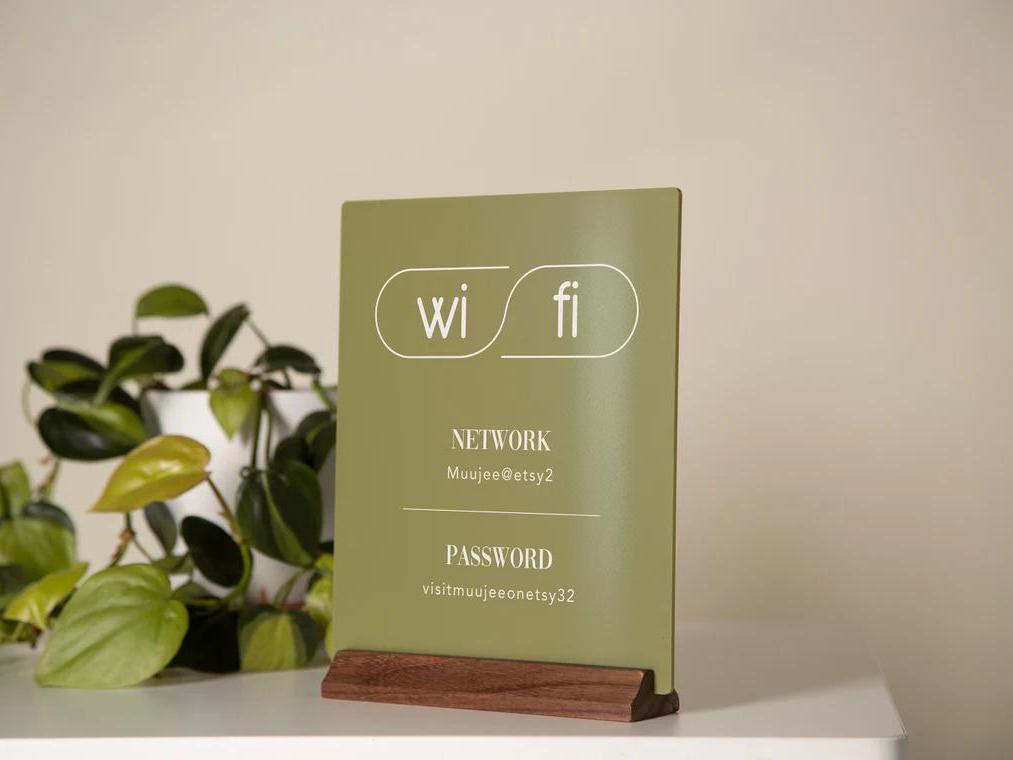 Wifi Acrylic Sign w/ Wood Base - 6.5 x 7.75" Table Signage for Home & Airbnb Rental, Custom Office Small Business Salons Restaurants Bar