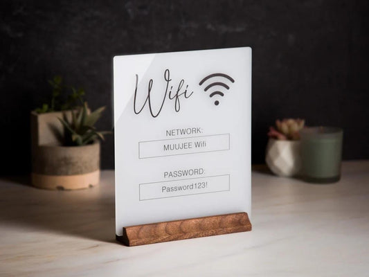 Wifi Acrylic Sign w/ Wood Base - 6.5 x 7.75" Ice or Black Table Sign for Home Airbnb Rental Small Business Salon Restaurant Bar Hotel Cafe