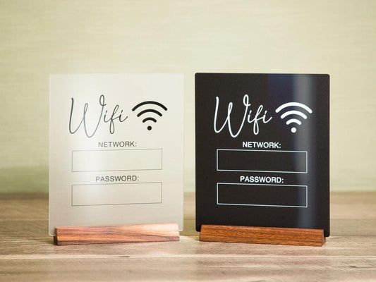 Dry Erase Wifi Acrylic Sign w/ Wood Base (Ready to Ship) - 6.5 x 7.75" Sign for Home & Airbnb Rental, Business Restaurants Bars Hotel