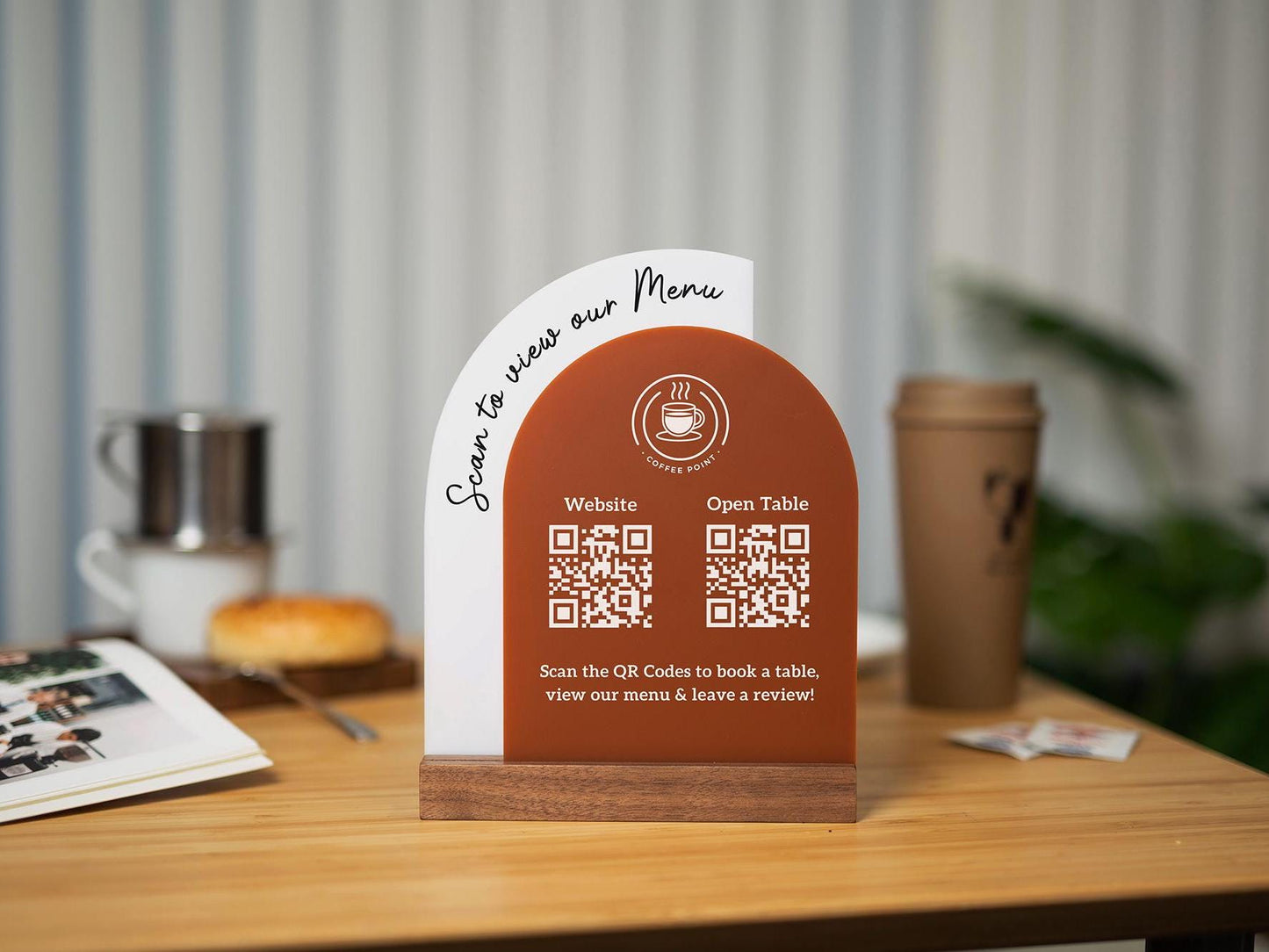 Full Arch Double Acrylic Sign (2 QR Codes w/ Logo) - Scannable Scan to Pay Table Market Signs Business Website Social Media Venmo (Design3)