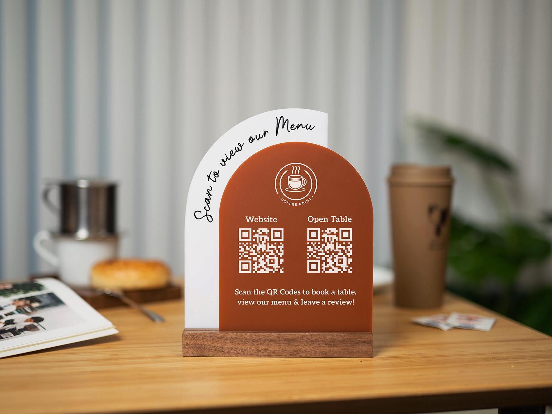 Full Arch Double Acrylic Sign (2 QR Codes w/ Logo) - Scannable Scan to Pay Table Market Signs Business Website Social Media Venmo (Design3)